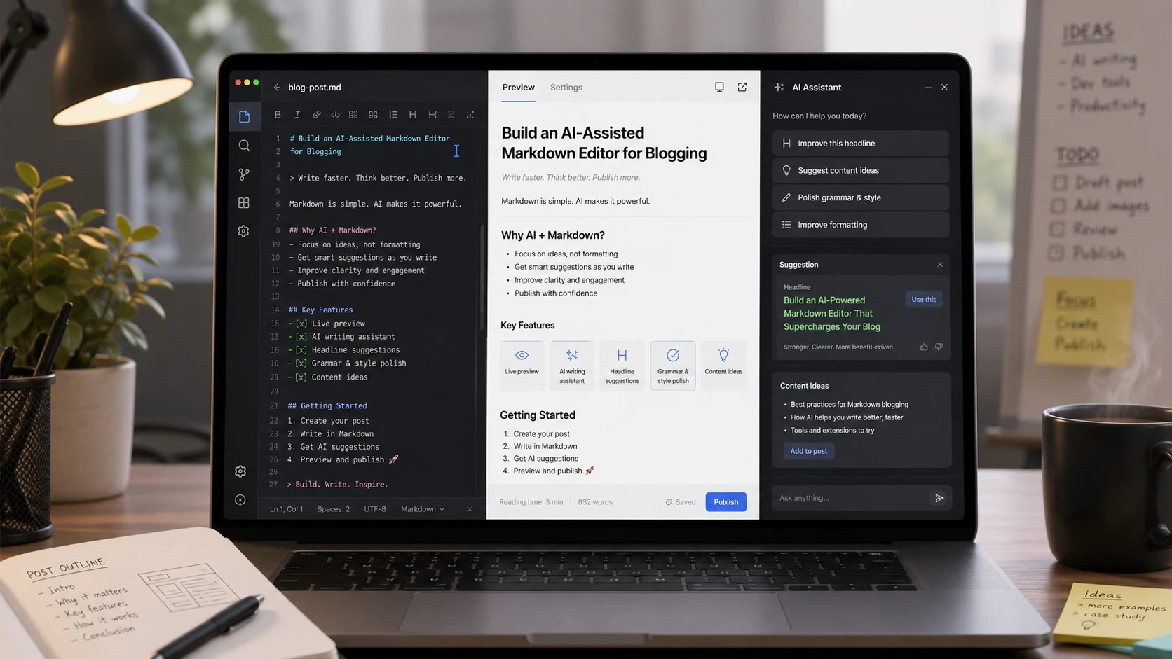Productivity workspace with AI writing setup